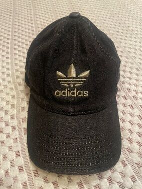 Adidas Trefoil Hat Black Denim Gold Logo Baseball Cap Adjustable Streetwear